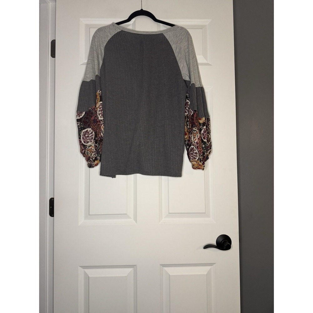 Umgee Boho Long Sleeve Waffle Knit Top Patchwork Sleeves Small
